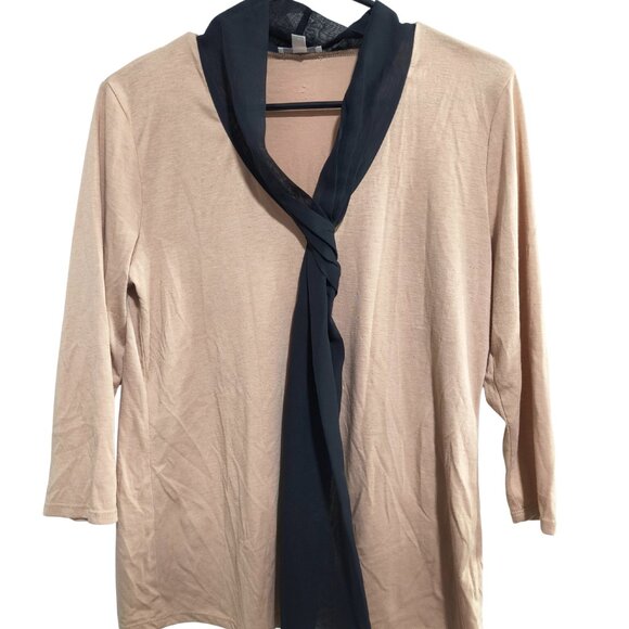 Charming Charlie Size Medium Black Tie Neck Top Beige 3/4 Sleeve - Picture 1 of 5